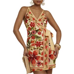 RoseSeek Women's Tropical Print Wrap Dress Sleeveless Vacation Dresses, Yellow Floral (XS)