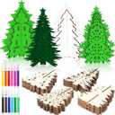 Blosssound 48 Pcs Christmas Craft Set 36 Pcs 3D Wood Tree Cutouts Wooden Unfinished Tree Slices to Paint with 12 Colored Markers for Winter Xmas Xmas DIY Handmade Projects Tiered Tray Decor