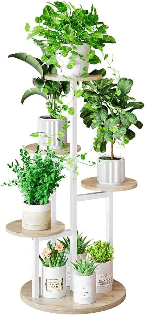 Plant Stand Indoor 5 Tier 8 Potted Multiple Flower Pot Holder for Patio Garden Balcony Living Room Corner (5 Tier White+Sonoma Oak)