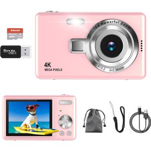 Digital Camera, Autofocus UHD 4K 50MP Vlogging Camera for Photography with 32GB SD Card, 16X Zoom, Anti-Shake, Portable YouTube Compact Point and Shoot Digital Cameras for Kids Teens Adult Beginner (Pink)