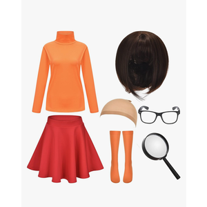 Halloween Deluxe Adult Costume for Women,Brown Bob Wig,Turtleneck Top,Skater Skirt,Magnifying Glass,Socks and Glasses,(Large)