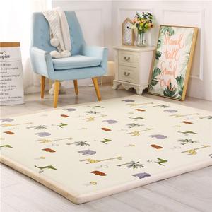 Loartee Kids Play Area Rug - 1.2" Soft & Thick Coral Velvet Nursery Rug, Crawling Mat for Toddler, Jungle Animals Play Mat, Non-Toxic & Anti-Skid, Light Yellow, Size:5.0'x6'6"(About 150x200cm)
