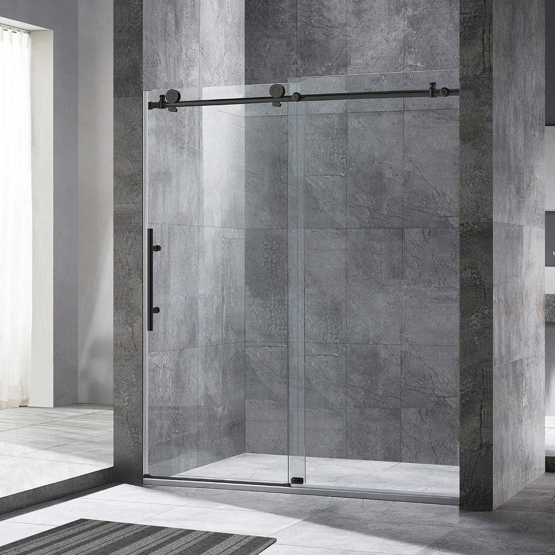 Woodbridge Frameless Sliding Shower, 56"-60" Width, 76" Height, 3/8" (10 mm) Clear Tempered Glass, Black Finish, Designed for Smooth Door Closing. MBSDC6076-MBL, 60"x 76" Matte Black