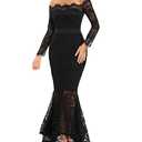 LALAGEN Women's Floral Lace Long Sleeve Off Shoulder Wedding Mermaid Dress Eyelash, Size Large, Black