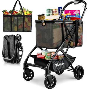 Upgraded Folding Shopping Cart with Wheels, 75Lbs Collapsible Grocery Cart with Removable Basket&360 Wheels, One-Click Folding, Personal Portable Shopping Cart for Groceries, Laundry, Camping