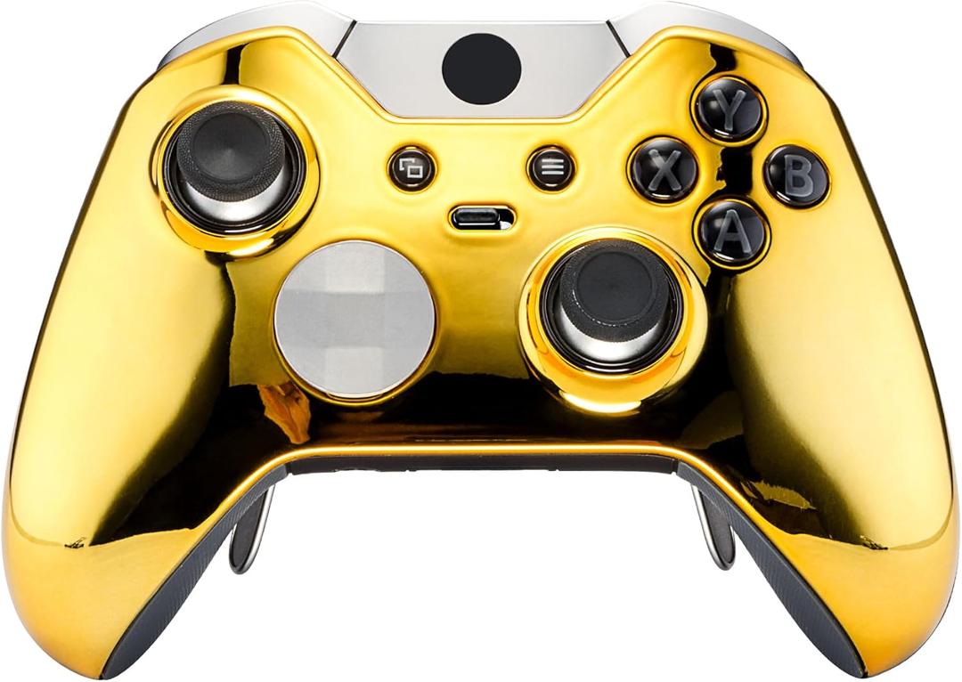 eXtremeRate Chrome Gold Replacement Faceplate Front Housing Shell with Thumbstick Accent Rings for Xbox One Elite Remote Controller Model 1698 - Controller NOT Included