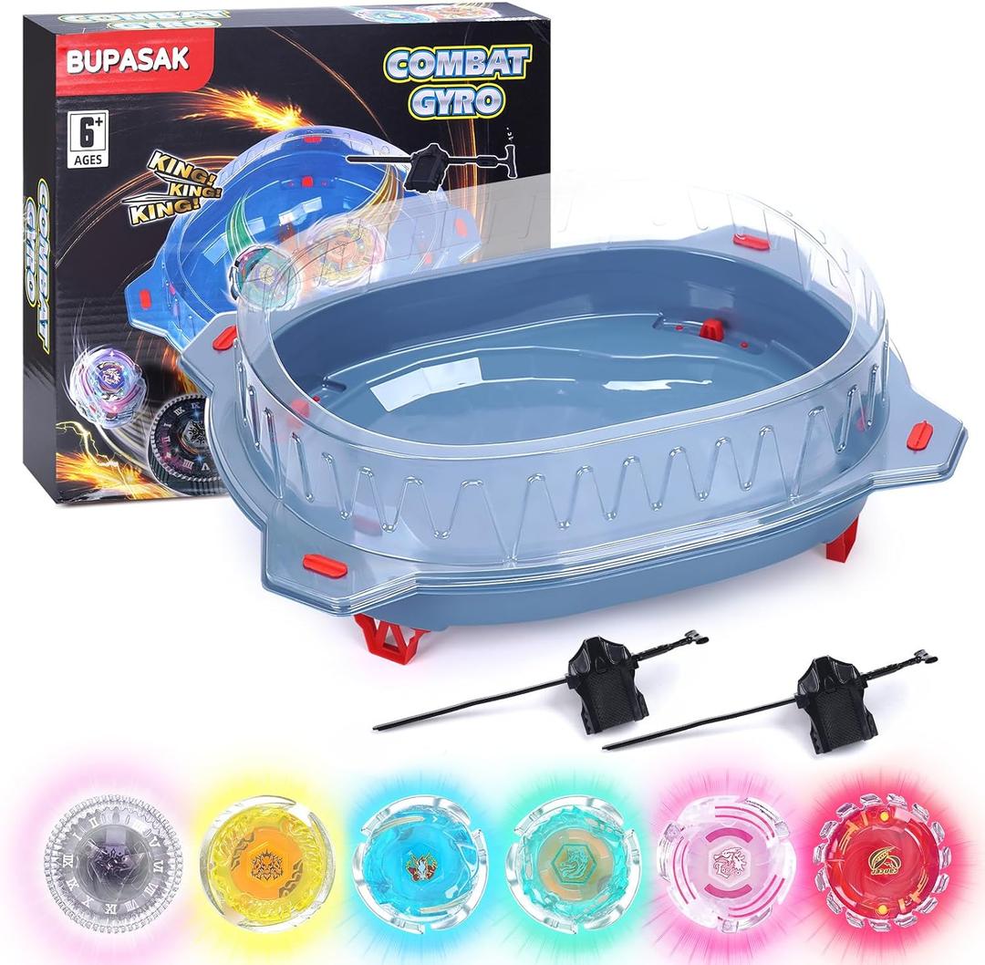 BUPASAK Light Ignite Spinning Tops Battle Set, with Stadium, 6 Light Ignite Spinning Tops, and 2 Launchers, Toys for 6 Year Old Boys & Girls & Up 