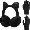Hercicy Toddler Winter Earmuffs and Kids Gloves Set, Winter Kids Earmuff Warm Ear Muffs, 1 Pair Knit Gloves, Ages 3-10 (Black)