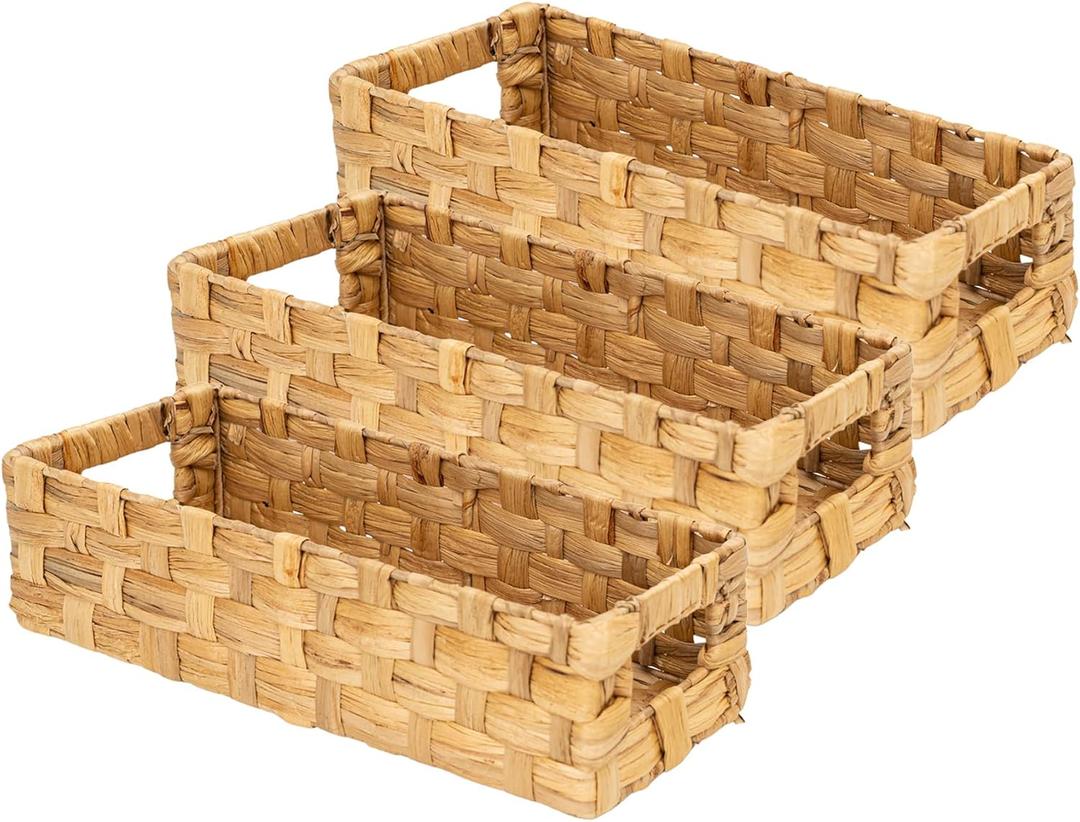Toilet Paper Basket Set of 3  Water Hyacinth Wicker Basket with Handles, Bathroom Storage for Back of Toilet Tank, Natural Toilet Basket Organizer, Plain Weave Style