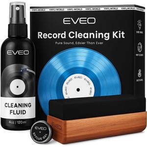 EVEO Vinyl Record Cleaning Kit - 4in1 Vinyl Record Cleaner Kit for Vinyl Records Albums. Vinyl Cleaner Includes XL Record Brush, Cleaning Liquid (4oz), Duster & Stylus Cleaning Gel - Archival Standard
