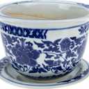 Blue and White Ceramic Flower Pot, 6.7 Inch Round Planter with Saucer for Indoor and Outdoor Plants, Excellent Drainage and Stable Design