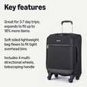 18" Medium Carry-On Softside Expandable Suitcase with 360-Degree Spinner Wheels, Telescoping Handle, Zippered Pocket and Straps, Black