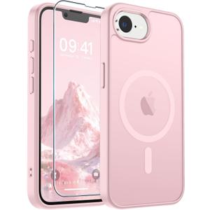 SUPFINE Magnetic for iPhone 17e Case/iPhone 16e Case with Screen Protector (Compatible with MagSafe) (Military Grade Drop Protection) Translucent Matte Shockproof Phone Cover,Light Pink