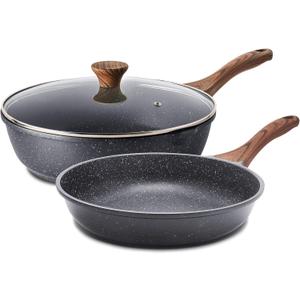 SENSARTE Nonstick Frying Pan Skillets, Swiss Granite Coating Omelette Pans, Healthy Cookware Chef's Pan, PFOA Free(8 Inch Frying Pan and 3.5QT Saute Pan) (8 Inch+3.5QT w/ Lid, Gray)