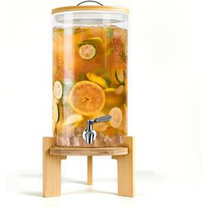Beverage Dispenser 2.9 Gallon, Glass Drink Dispenser with Stand, Drink Dispensers for Parties, Beverage Dispenser with Wood Stand, Stainless Steel Spigot, for Parties, Bars, Restaurants (2.9 Gallons)
