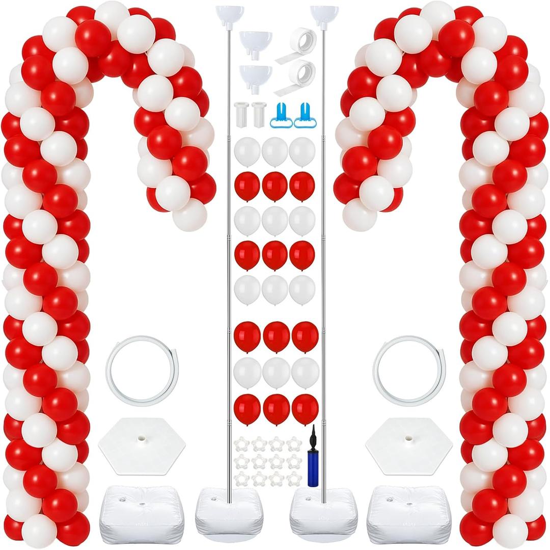 Soulchen 2 Sets 8.2 ft Adjustable Christmas Balloon Column Stand Kits Candy Cane Balloon Arch with Metal Tube Red and White Balloons for Christmas Holiday Decorations Candy Themes Party Supplies