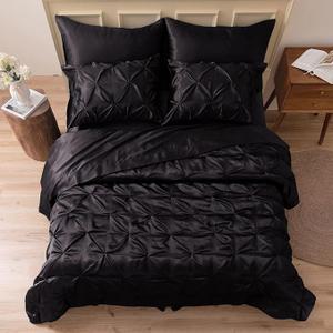 MR&HM Satin Comforter Full 7 Pieces  Luxurious Pinch Pleat Bedding Set with Comforter, Flat Sheet, Fitted Sheet, Pillowcases & Shams, Super Silky Soft Bed Set for All Season (Full, Black)