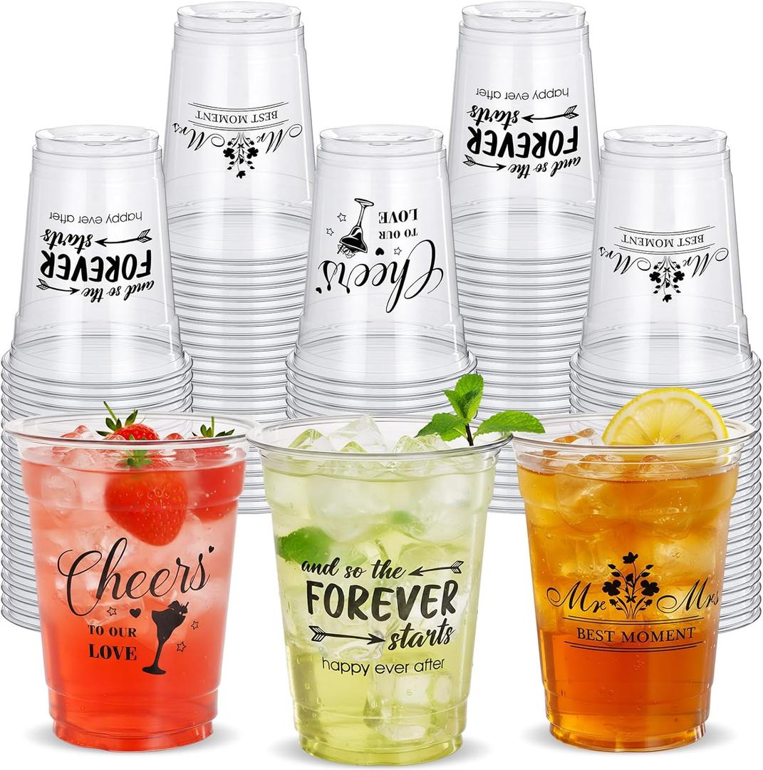150 Pcs Wedding Plastic Cups Bulk 12oz Bridal Shower Cups Wedding Decorations for Reception Mr and Mrs Cheers to Love Bridal Party Supplies