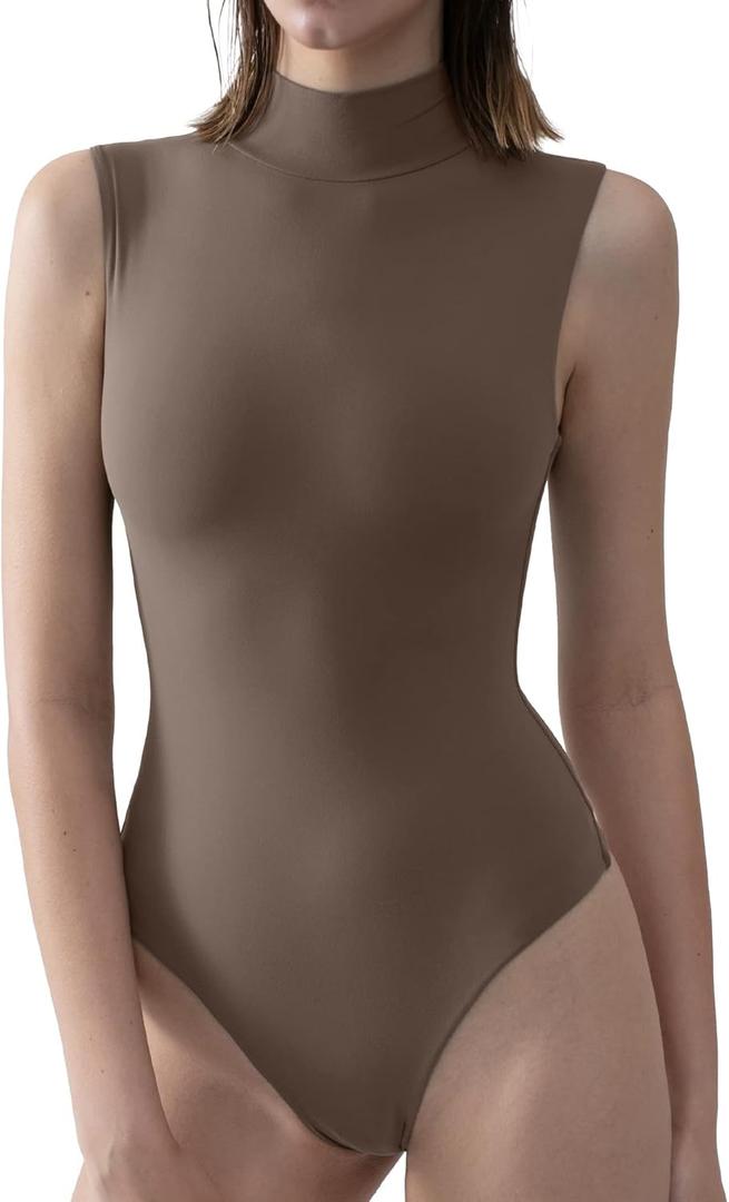 PUMIEY Women's Mock Turtle Neck Sleeveless Bodysuit Sexy Tank Tops Sharp Collection (07 Mocha) S 