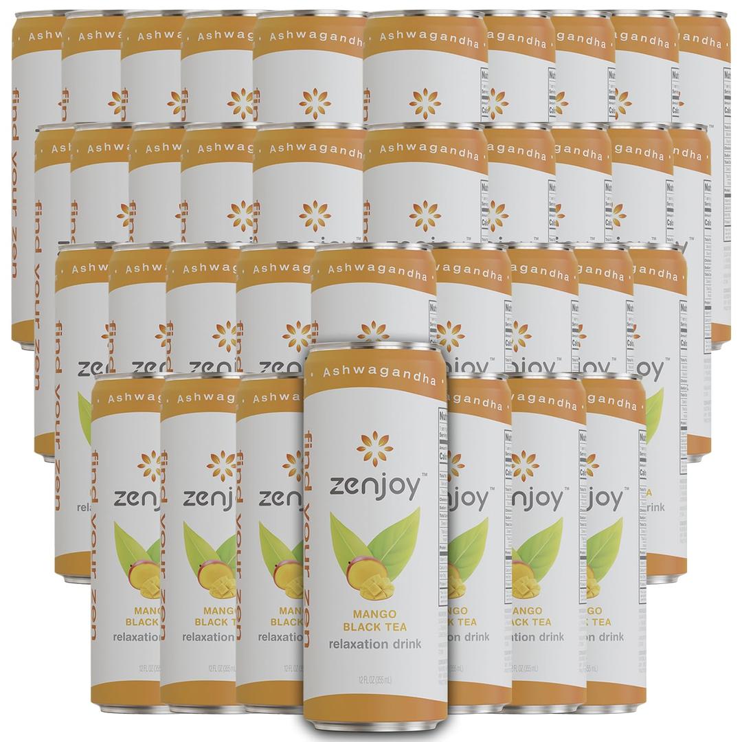 Zenjoy Mango Black Tea Relaxation Drink 36 Pack - Calming Drink with Ashwagandha & Lemon Balm - Non-Alcoholic Beverage Infused with L-Theanine for Enhanced Focus - 12oz Cans, BBD 05/30/2025