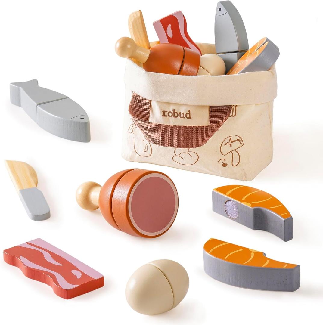 ROBUD Wooden Play Food Set, Cutting Toy Food for Pretend Kids Play Kitchen Accessories Toy Food with Storage Bag, Toys Gifts for 3+ Year Old Girls Boys, Meat Set