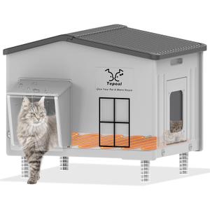 Large Indestructible Heated Cat House for Outside, Extrmely Waterproof & Weatherproof Heated Outdoor Cat House for Winter, Fully Insulated Feral Cat Shelter for Outdoor Barn Cats Strays, 22x17x19.7 in