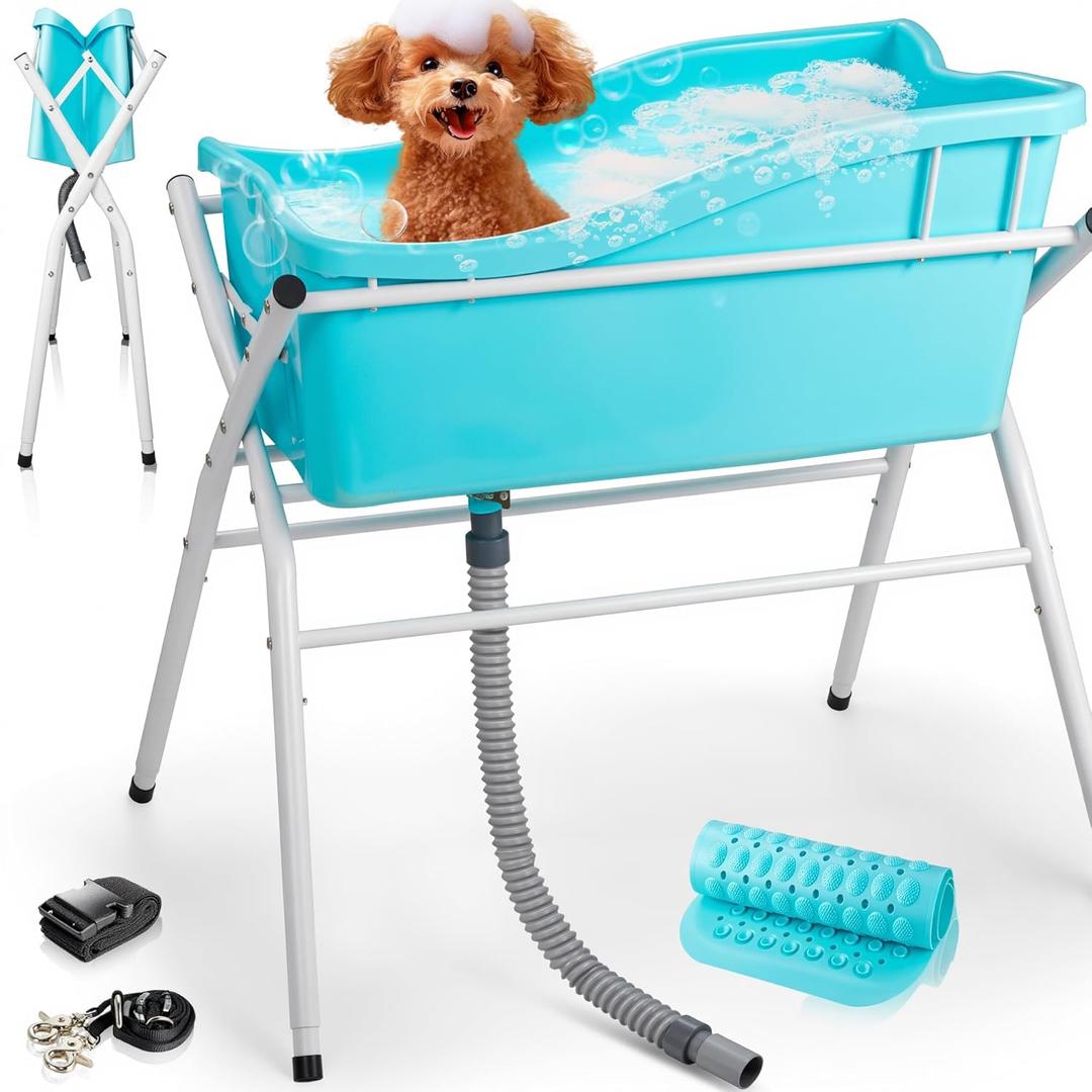 Dog Bath Tub, Portable Dog Washing Bathing Station, 3 Levels Elevated Foldable Dog Bath for Shower and Grooming, Collapsible Shower Bathtub Pet Tub for Small and Medium Size Dogs, Blue