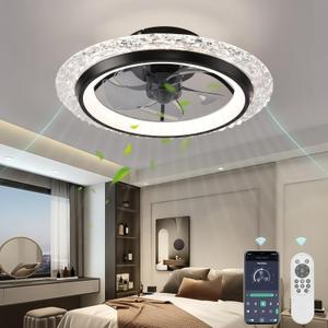 KINDLOV Modern Ceiling Fans with Lights, 19.7" Flush Mount Ceiling Fan with Dimmable Light and Remote,6-Speed Wind for Bedroom,Living Room,Low Profile Ceiling Fan with Light,Black (Black01)