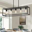 Yusist 5-Light Dining Room Light Fixture, Black Farmhouse Kitchen Island Lighting, Rustic Pendant Light Over Table with Adjustable Rods, Modern Linear Chandeliers for Dining Room Kitchen Island