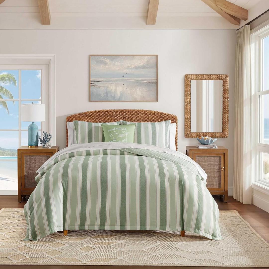 Tommy Bahama - Cotton Queen Duvet Set with Shams, Reversible Stripe Bedding