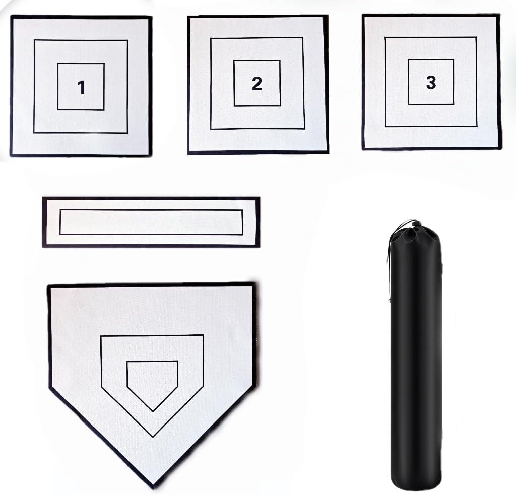 Baseball & Softball 5 Piece Base Set with Portable Carrying Bag 3 Throw Down Bases 1 Homeplate 1 Pitching Rubber, Flexible Anti-Slip Weather Resistant Rubber Bases for Yard Games