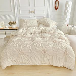 Beige Flower Duvet Cover Full Size, 3PCS Soft Microfiber Bedding Set, Boho Textured Geometric Pattern with Corner Ties&Zipper Closure (79"x90"-1 Duvet Cover, 2 Pillow Cases) Women
