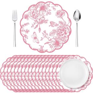 Supervitae 60 Pack Pink Floral Paper Place Mats Chinoiserie Scalloped Disposable Placemats 13.5 Inch Flower Decorative Table Mats for Dinner Table Setting Banquet Birthday Wedding Bride Party Supplies