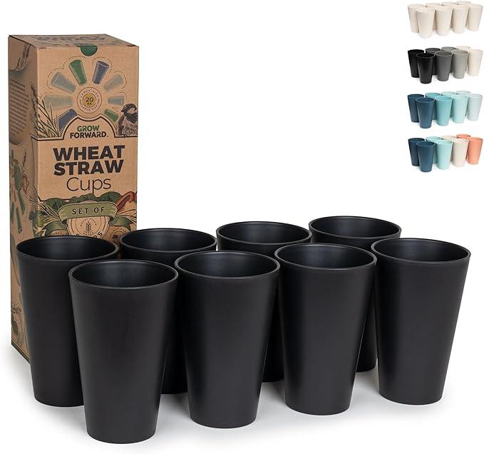 Grow Forward Premium Wheat Straw Cups - 20 oz Unbreakable BPA Free Hard Plastic Cups - Reusable Lightweight Plastic Drinking Glasses for Kitchen, Outdoor, Water, Camping, RV - Midnight