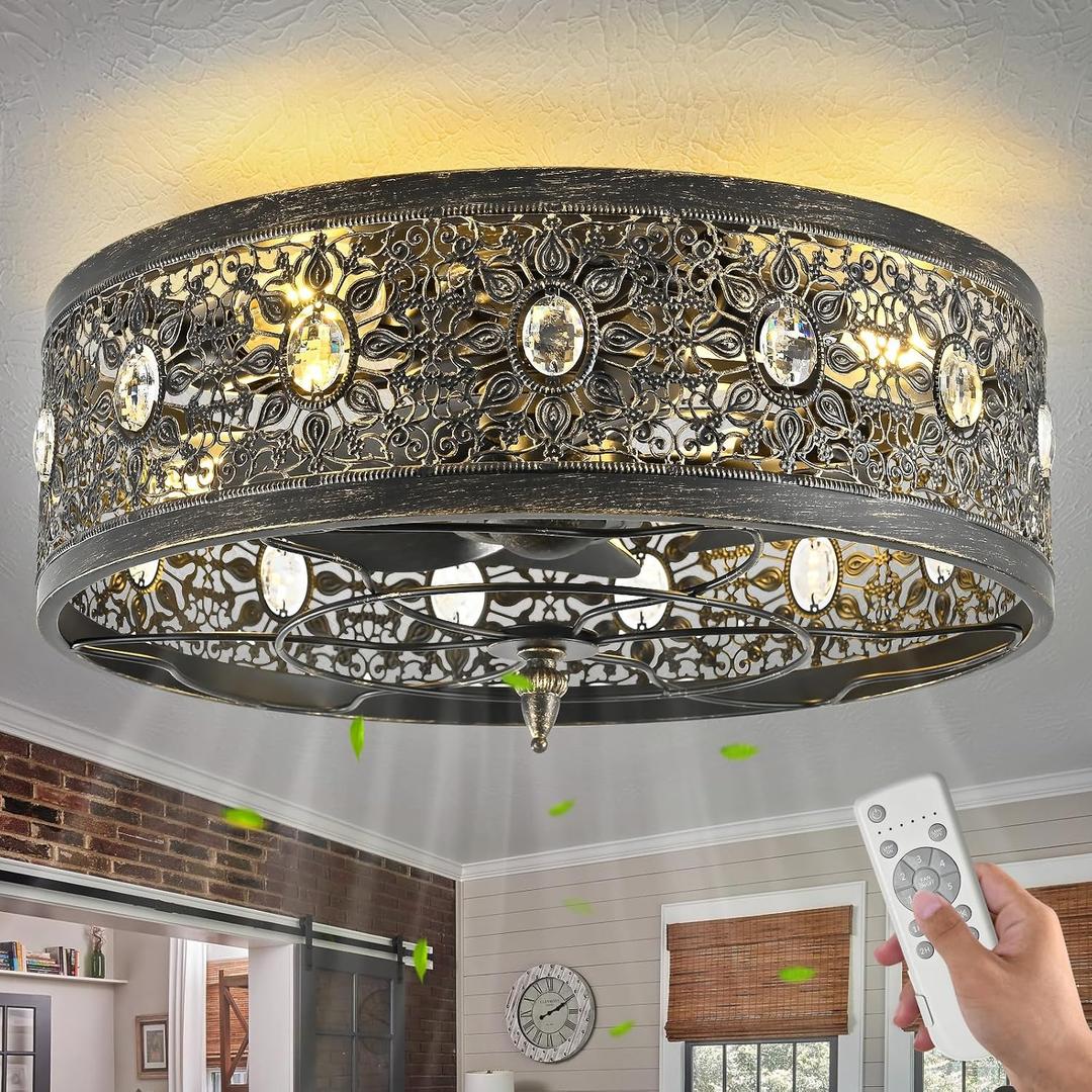 20" Black Caged Ceiling Fan with Lights Remote Control, Vintage Victorian Rustic Crystal Fandelier, Farmhouse Bladeless Ceiling Fan with Light for Living Room Bedroom Kitchen