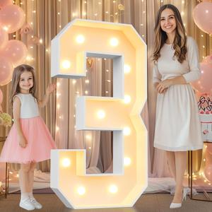 Pooqla 4 FT Light Up Marquee Numbers, Marquee Number Lights 4 Feet Tall for 3rd 13th 30th Birthday, Giant Letter Sign Big Mosaic Numbers for Balloons Party Anniversary Wedding Decorations, Number 3