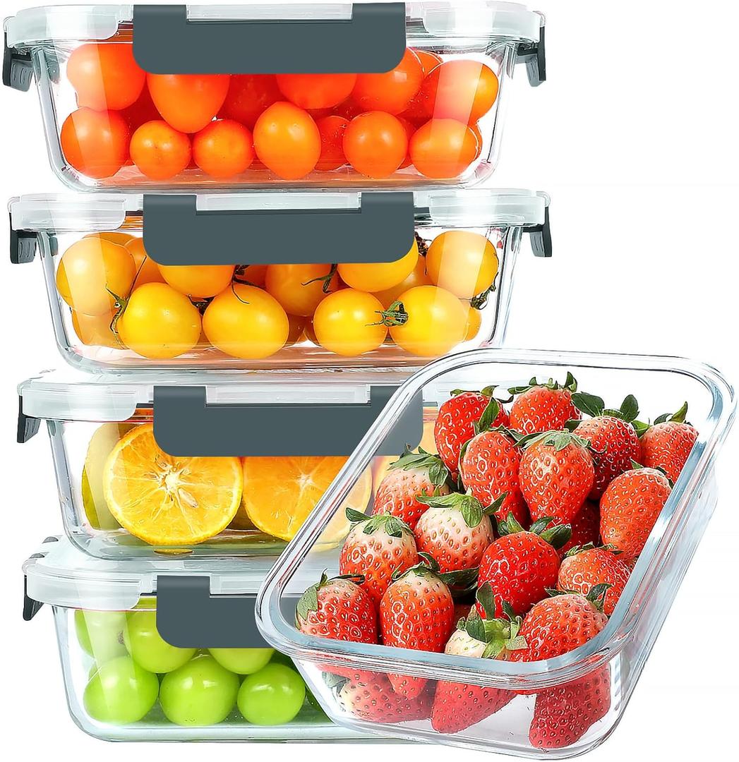 KOMUEE 30 oz 5 Pack Glass Meal Prep Containers, Glass Storage Containers with Lids - Dishwasher, Microwave, Oven and Freezer Safe (Gray)