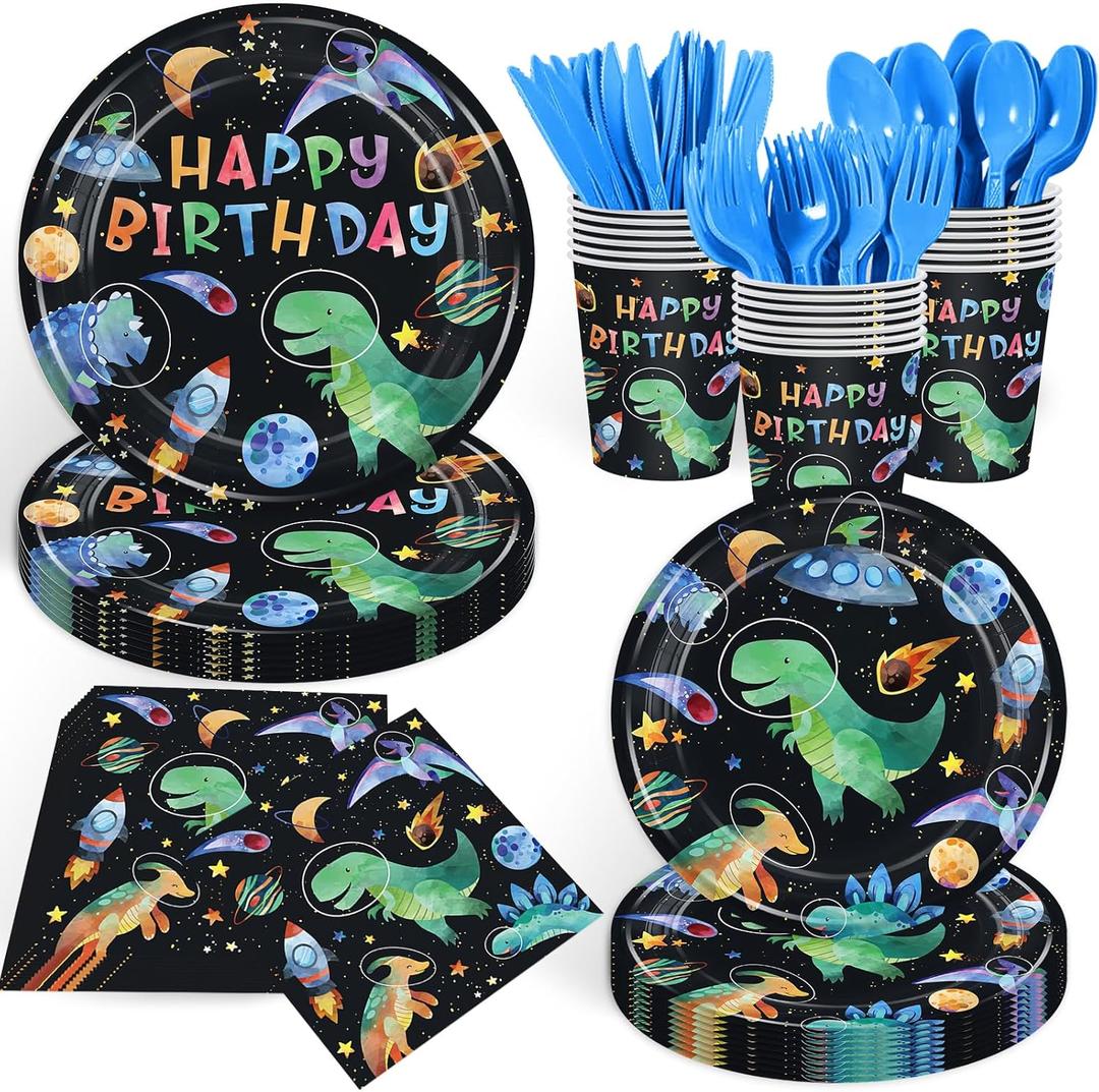 168PCS Space Dinosaurs Astronauts Party Supllies for Boys Cartoon Dino Birthday Party Decorations Dinosaur Planet Plates Cups Napkins for Kids Baby Shower Dino Lover-24 Guests