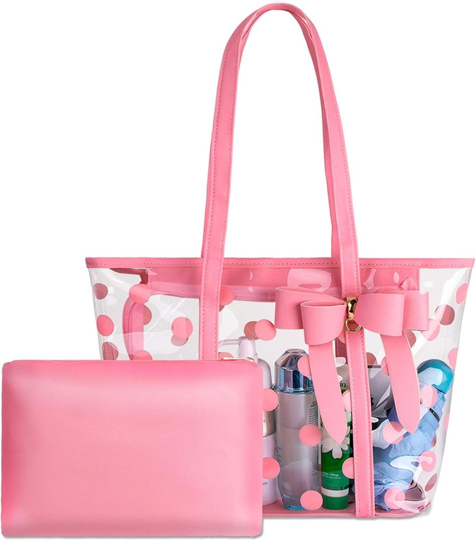 Women Waterproof PVC Clear Tote Bags Shoulder Handbag Beach Bag Shopping Work Bag (Pink)