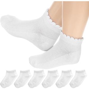 6 Pack Girls White Socks White Socks With Ruffles Kids Ruffles Sock Girls School Uniform Kids Cotton Crew Ankle Cute Frilly Dress Sock 6-8Years (White)