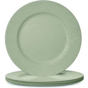 Mifoci 6 Pcs Green 13" Boho Faux Wood Plastic Charger Plates, Faux Wood Chargers for Dinner Plates Round Rustic Wedding Party Service