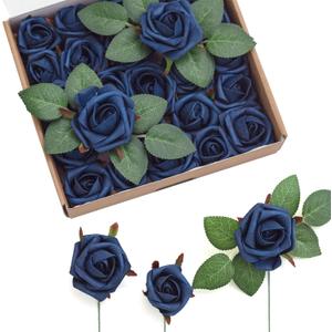 Ling's moment Artificial Rose Buds and Petite Roses w/Stem Pack of 24 for DIY Wedding Bouquets Centerpieces Decorations Boutonniere Corsages (Navy Blue)