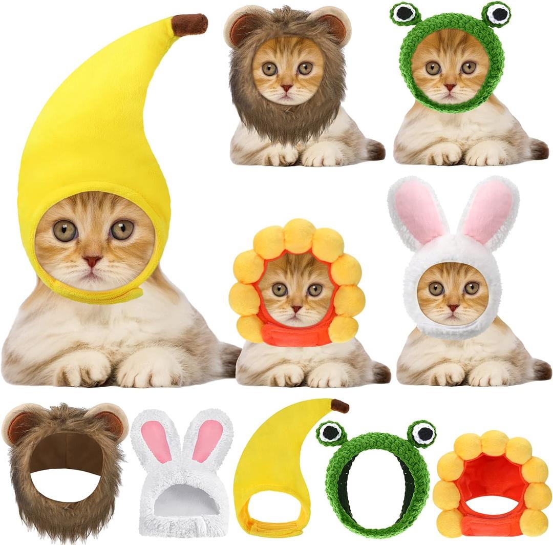 Weewooday 5 Pcs Cat Adorable Costume Bunny Hat with Ears Funny Mane Cat Hat for Pets and Small Dogs Kitten Puppy Party Costume Accessory Headwear (Lion, Frog, Rabbit, Sunflower, Banana)