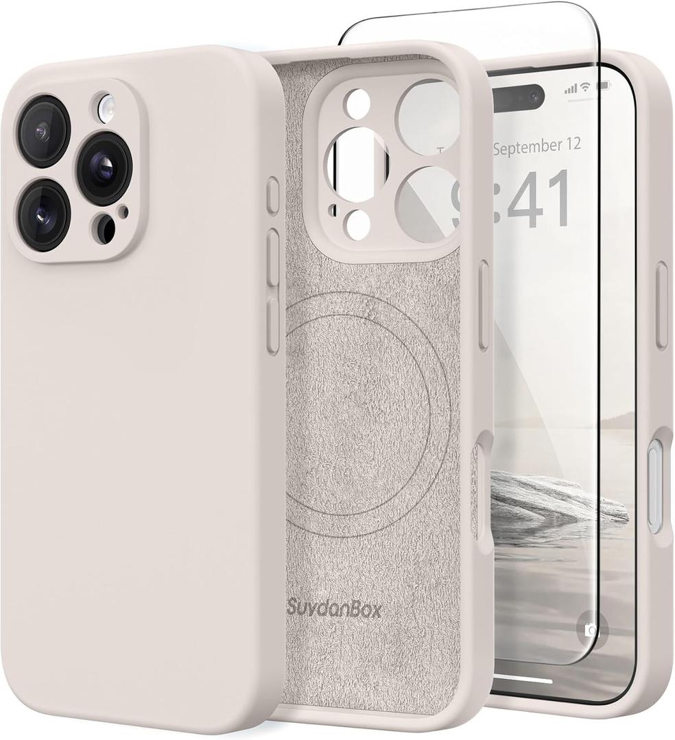 Magnetic for iPhone 16 Pro Max Case, Compatible with MagSafe, [Full Camera Protection][Screen Protector] Silicone Shockproof Protective Phone Case for iPhone 16 Pro Max 6.9", Stone