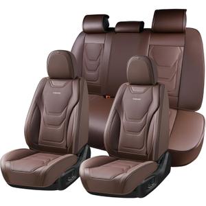 Coverado Car Seat Covers Full Sets, 5 Piece Car Seat Protector Waterproof Leather Seat Cushion Universal Fit for Truck Automotive Vehicles Brown