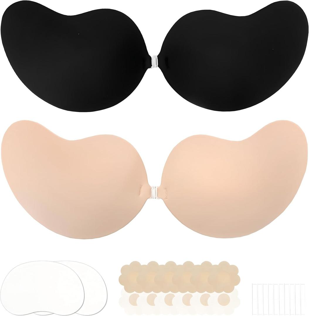 LAZYROSY Sticky Push Up Backless Bras Strapless Stick on Bra Invisible Adhesive Bra with Nipple Covers for Women (Black+Beige, D)