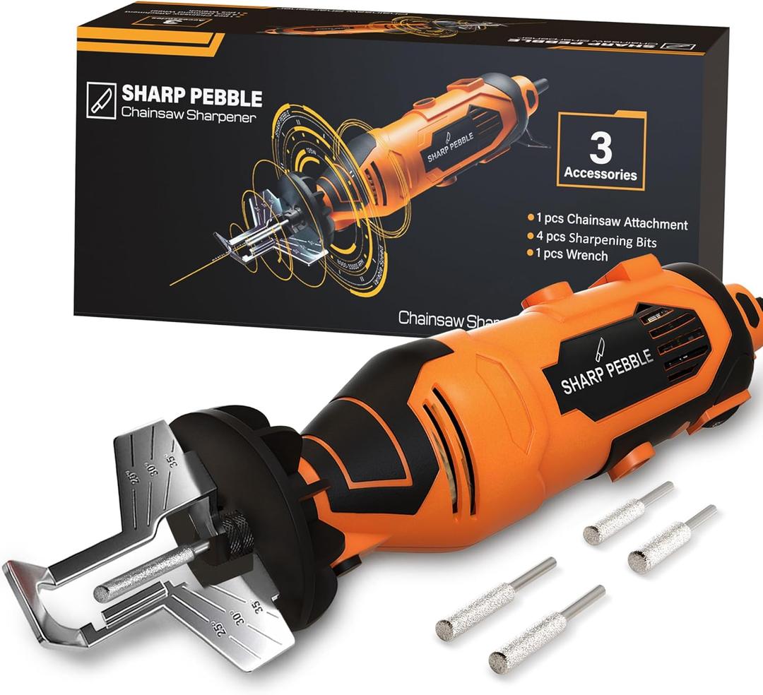 Sharp Pebble Electric Chainsaw Sharpener Kit - Comes with Chain Saw Sharpener Tool, 4 File Size Sharpening Wheel Bits, Angle Attachment, Wrench & eBook.