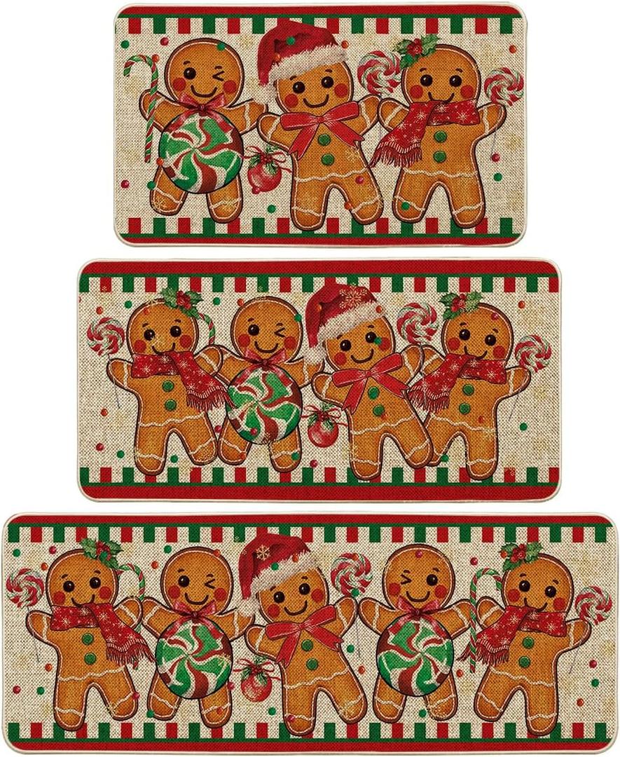 Artoid Mode Gingerbread Candy Cane Christmas Kitchen Mats Set of 3, Winter Home Decor Low-Profile Kitchen Rugs for Floor - 17"x29"+17"x36"+17"x47" (Beige)