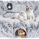 Extra Large Cat Tunnel Bed, 4 Ways Tunnels for Indoor Cats, Multi-cat Family Cat Bed & Cave, Plush Cat Donut with Washable Middle Mat, Exit Balls, Pet Play Toy for Kitten Puppy Rabbit (Grey)