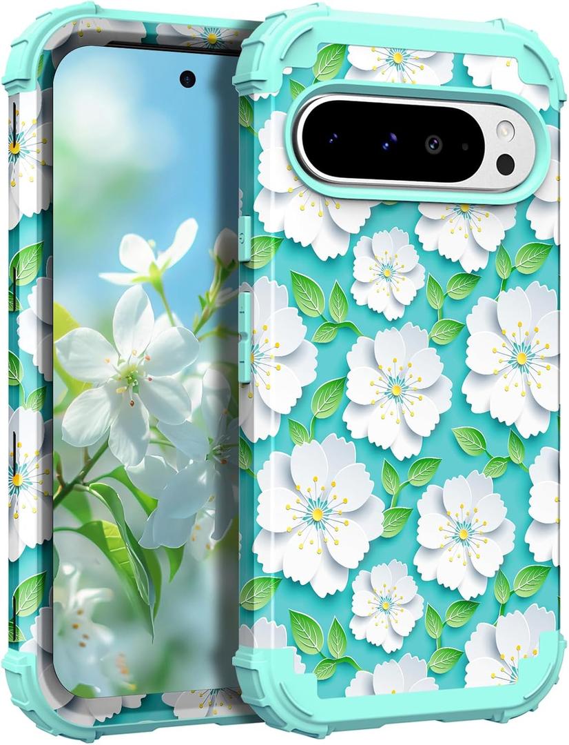 Hocase for Google Pixel 9 Pro XL Case, Shockproof Heavy Duty Protection Hard Plastic+Silicone Rubber Bumper Hybrid Protective Case for Google Pixel 9 Pro XL 6.8" 2024 - White Flowers in Teal